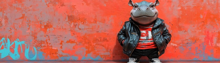Fototapeta premium A cool anthropomorphic hippo character wearing a stylish jacket, set against a vibrant, artistic background with graffiti.