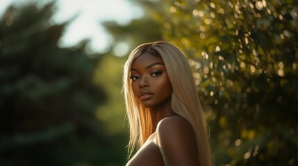 Naklejka premium A woman with long blonde hair poses gracefully in a sunlit garden, exuding confidence and elegance amid lush greenery.