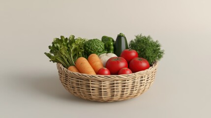 A vibrant assortment of fresh vegetables arranged in a woven basket, showcasing healthy eating and organic produce.