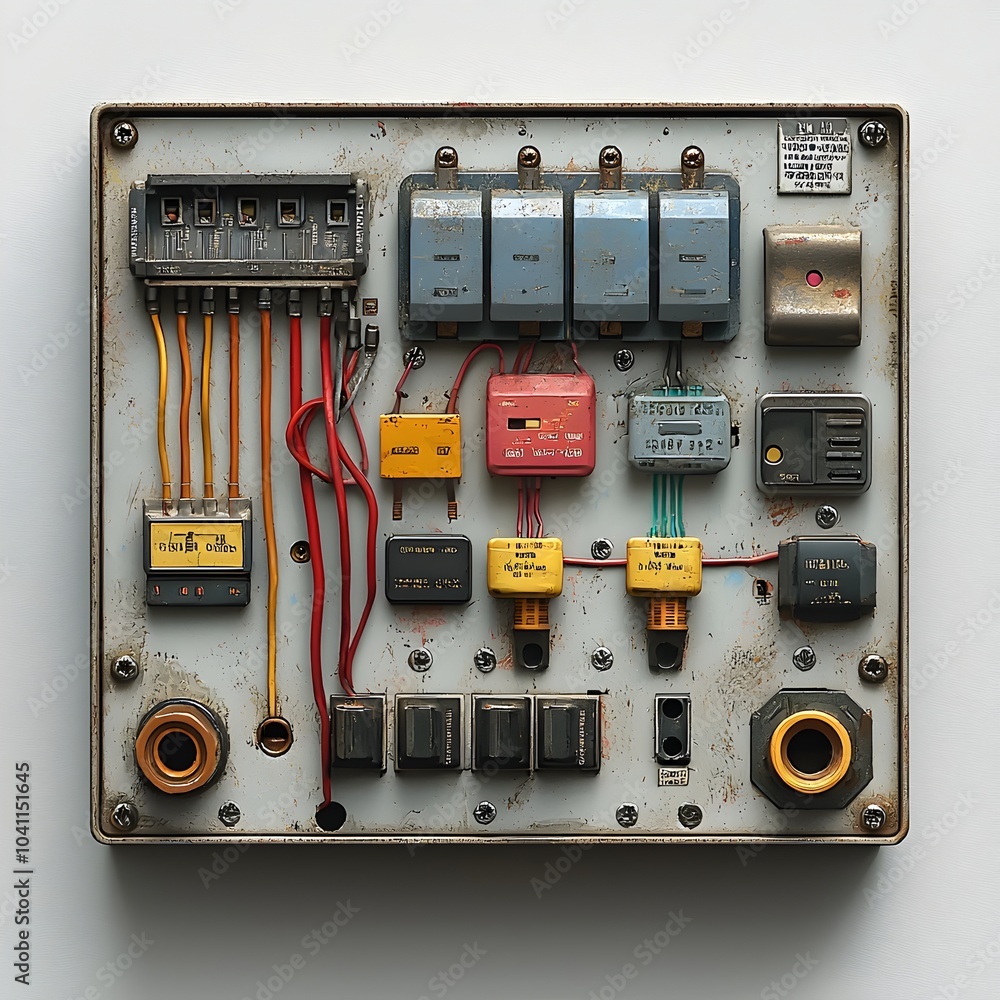 Poster closeup view of a fuse box with clearly labeled circuit breakers and switches against a plain white 