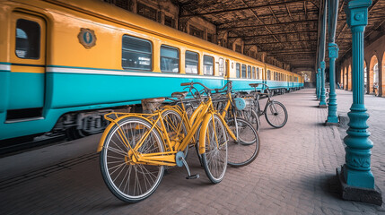 Fototapeta premium Vibrant Yellow Train Car at a Vintage Station Surrounded by Bicycles and Charming Architecture.