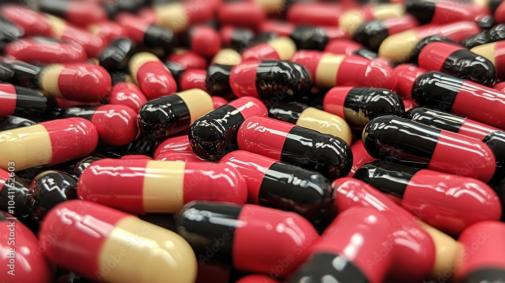 Poster colorful capsules in close-up view scattered on a surface, showcasing their unique patterns and text