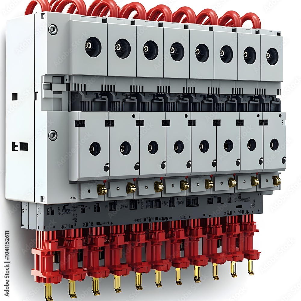 Poster close up detailed view of a circuit breaker box with various fuses and electrical components against