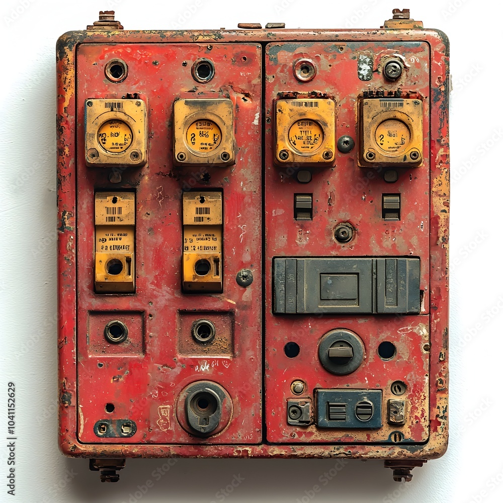 Poster detailed close up of circuit breaker box with fuses in electrical power distribution system on isola