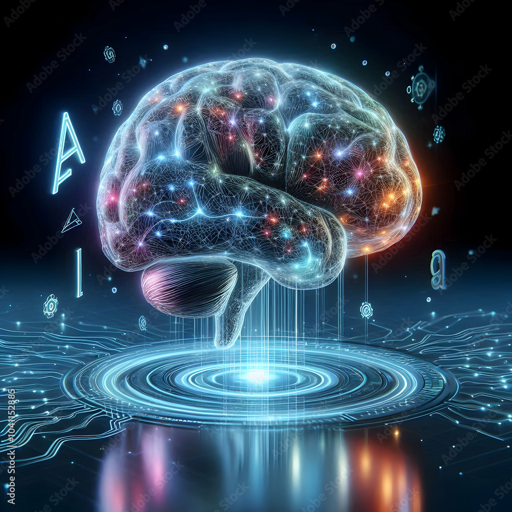 Aufkleber 3d holographic brain interface glowing neural networks concept camera pan glossy surface reflecting 