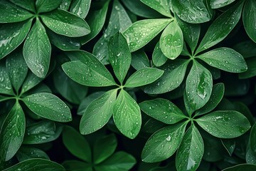 Fototapeta premium Lush Green Leaves Covered in Raindrops