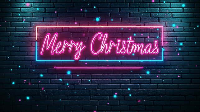 Bright neon sign reading 'Merry Christmas' against a dark brick wall, creating a festive and cheerful holiday atmosphere.