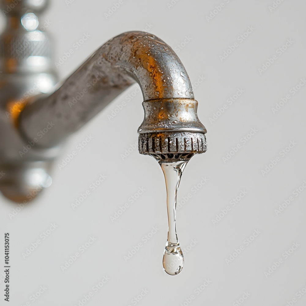 Poster dripping faucet with clear water droplets against a stark white background creating a minimalist abs