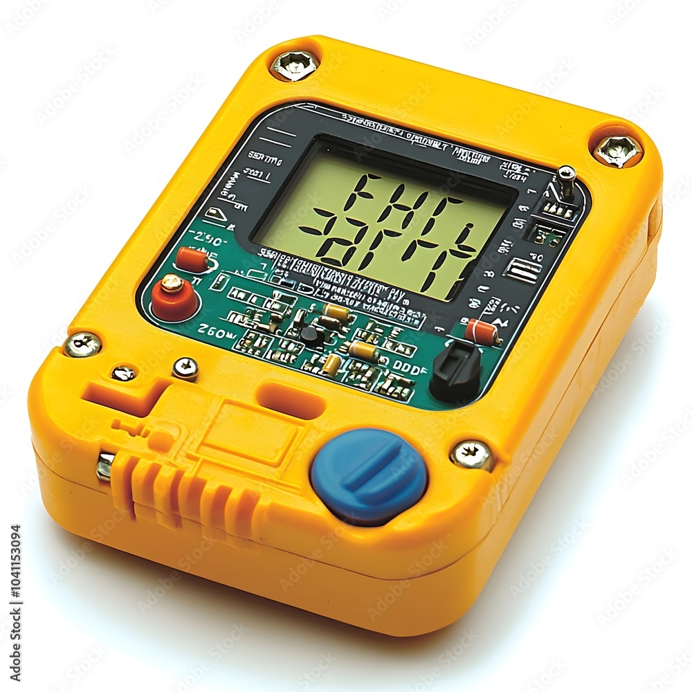 Poster close up of a multimeter measuring and testing electrical circuit components against a clean white b