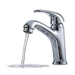 Closeup of a faucet with clear dripping water drops on a plain white background  Minimalist simple studio shot of a household plumbing fixture with a leaking or dripping concept