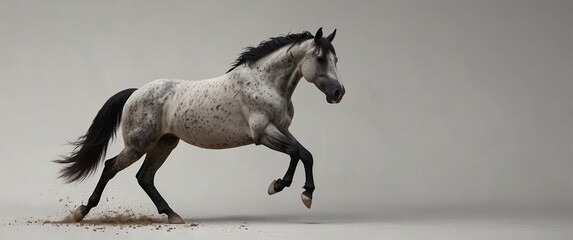 Fototapeta premium A black horse galloping through a lush green field, showcasing its beauty and strength in a striking black and white scene