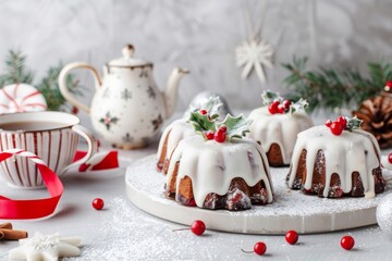 Festive Mini Bundt Cakes topped with icing and holly decorations, spruce branch and cranberries. Image for cafe menu, Banner. Christmas iced little cakes. Joyous holiday celebrations and gatherings.
