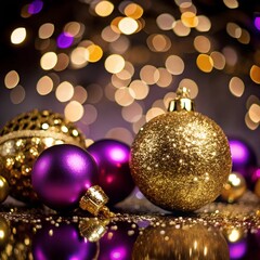 Christmas set with festive purple decoration on glamour black background with golden sparkling glitter bokeh. Merry Christmas, Happy New Year greeting card, seasonal winter holiday luxury collection.