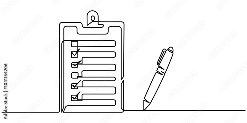 Poster clipboard with checklist and pen in one continuous line drawing. to do list with ticks and concept f