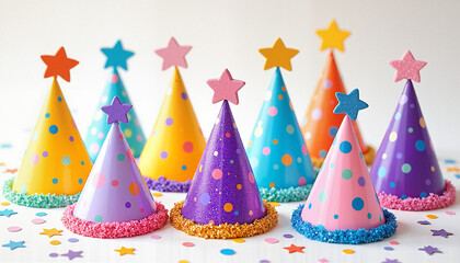 Party hats with stars and confetti on white background