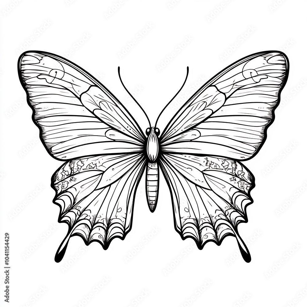 Poster handdrawn black and white illustration of a butterfly with large wings and simple patterns on a whit