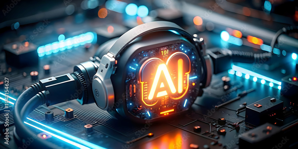 Poster close up headset ai symbol glowing macro shot customer support integration ai services ample copy sp
