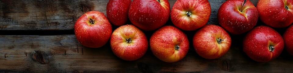 A bunch of red apples are sitting on a wooden table. The apples are shiny and wet, and they are arranged in a row. Concept of freshness and abundance, as the apples are ripe and ready to be eaten