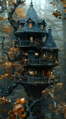 Obraz premium Enchanted Treehouse in a Misty Forest - Fantasy Architecture