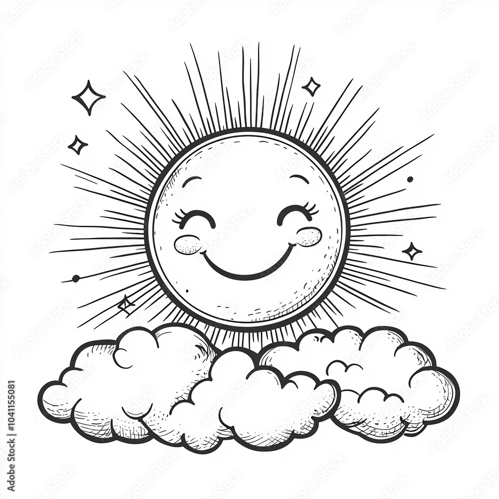 Poster handdrawn black and white outline of a smiling sun with rays floating above a cloud designed for kid