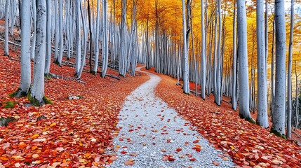 Vibrant Autumn Pathway Through a Forest of Golden Leaves