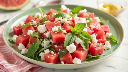 Refreshing watermelon feta salad with mint and herbs served on a green plate for a summer picnic on a sunny afternoon