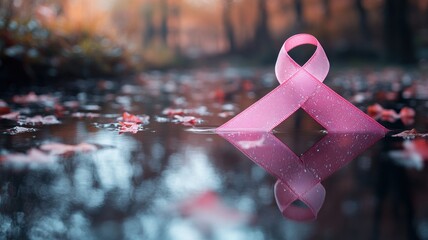 A pink ribbon reflecting in water, symbolizing awareness and hope.