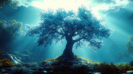 A tree is in the foreground of a forest