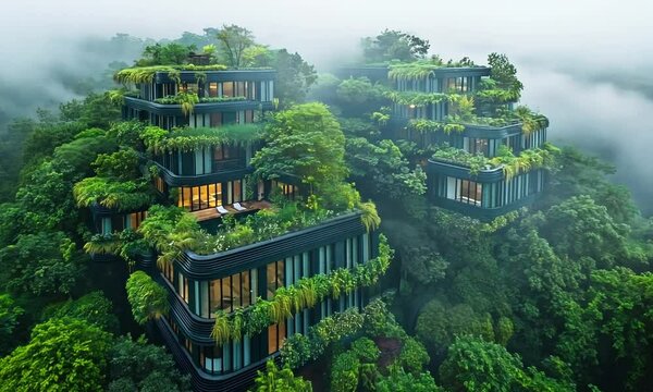 Lush, modern buildings integrated into a dense forest landscape.
