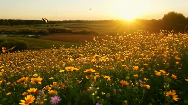 360-degree video of a peaceful meadow with wildflowers at golden hour. Butterflies flit among the flowers, and a distant babbling brook adds tranquility