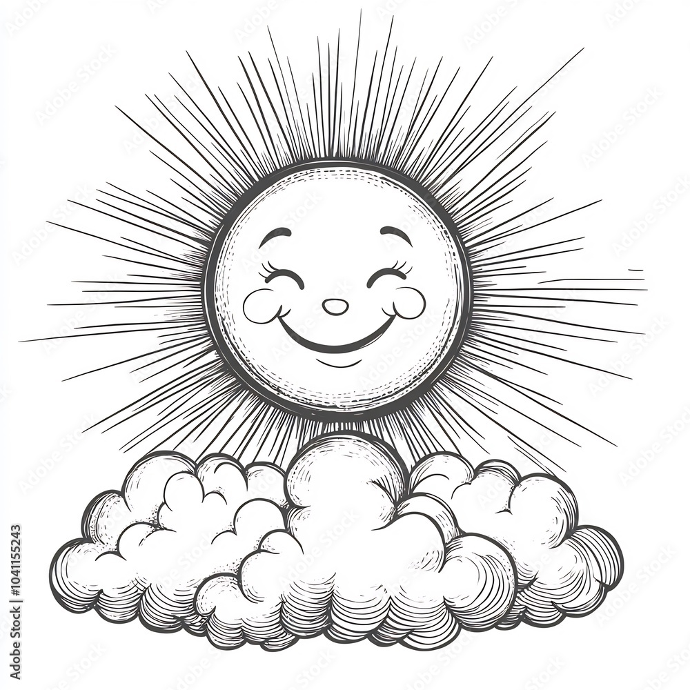 Poster handdrawn black and white outline of a smiling sun with rays floating above a cloud designed for kid
