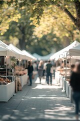 Obraz premium A vibrant outdoor market scene featuring stalls under white tents, surrounded by greenery, with people browsing fresh produce and local goods