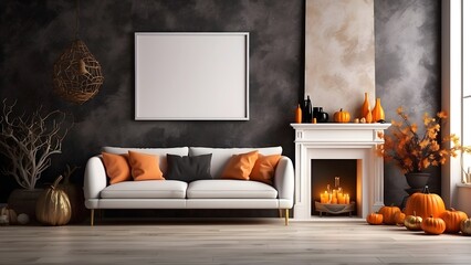 Modern minimalist wall art mockup of fireplace living room for Halloween, blank frame for wall art mockup of living room, Halloween and Christmas spooky scary vibes of the room interior design