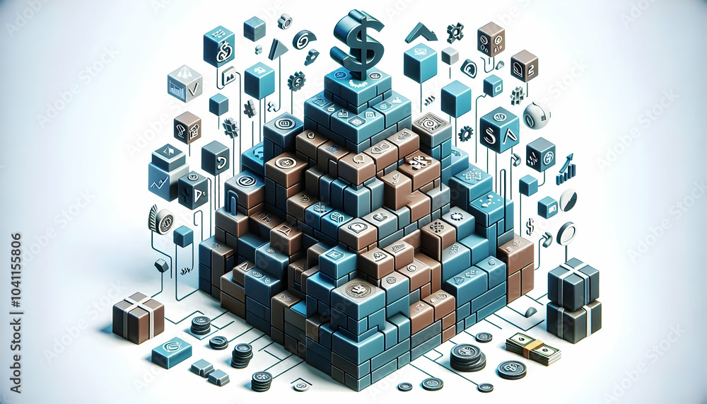 Poster 3d wealth building blocks vector graphic financial symbols pyramid tower structure step by step fina