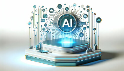 3D Floating Podium with AI Circuit and Growth Data Streams - Modern Podium with Floating AI Circuit Displaying Data Streams for Tech Presentations, Copy Space for Content, Isolated on White Background