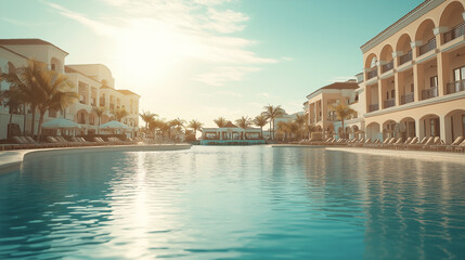 Luxurious Tropical Resort with Mediterranean-Style Poolside Retreat and Sunlit Palm Trees for an Exclusive Vacation Getaway.