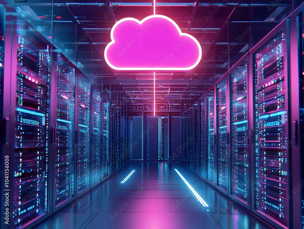 Poster futuristic data center with glowing cloud servers representing seamless cloud computing