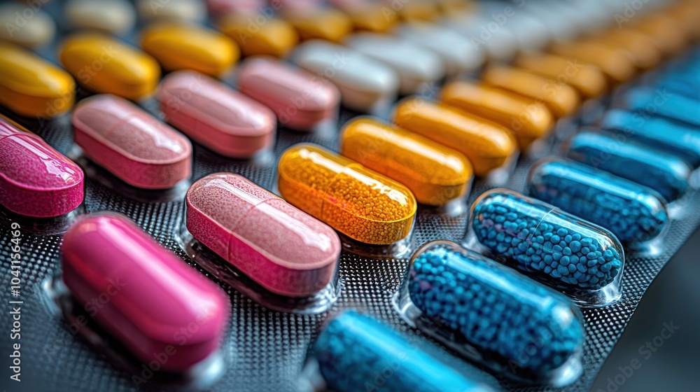 Poster a close-up of colorful capsules and tablets arranged in rows on a dark surface in a medical setting