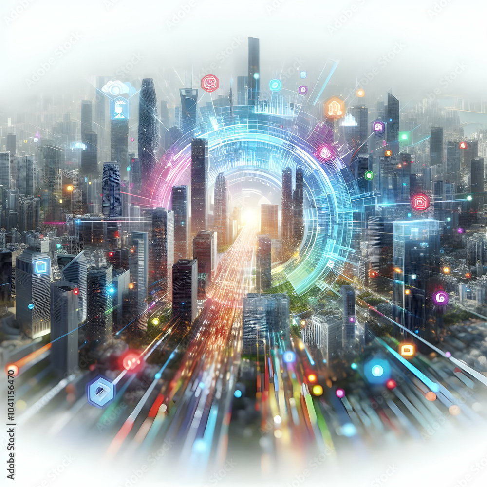Poster 3d bokeh cityscape data visualization concept, blurred urban skyline transitioning to colorful infog