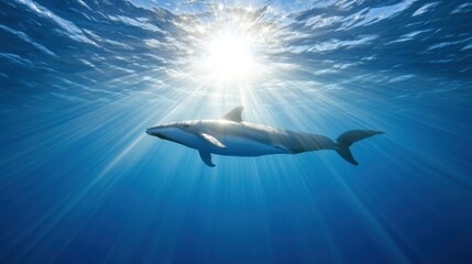 Shark swimming underwater with sunlight streaming through the surface.