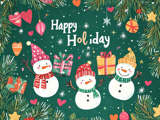 Spread the Joy with Cute Snowmen and Christmas Gifts, Happy Holiday Card, generated ai