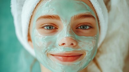 Fototapeta premium Smiling girl with a green facial mask, relaxing in a spa setting.