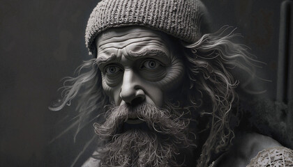 Detailed portrait of an elderly man with long beard and knit hat.