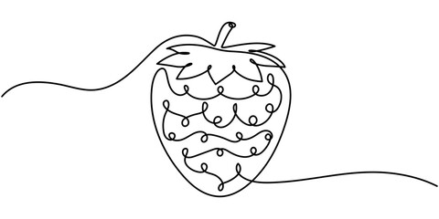 Vector illustration with continuous line drawing Strawberries, Single continuous line drawing of organic strawberry for fruit icon fresh berries fruitage concept, One line drawing of a strawberry