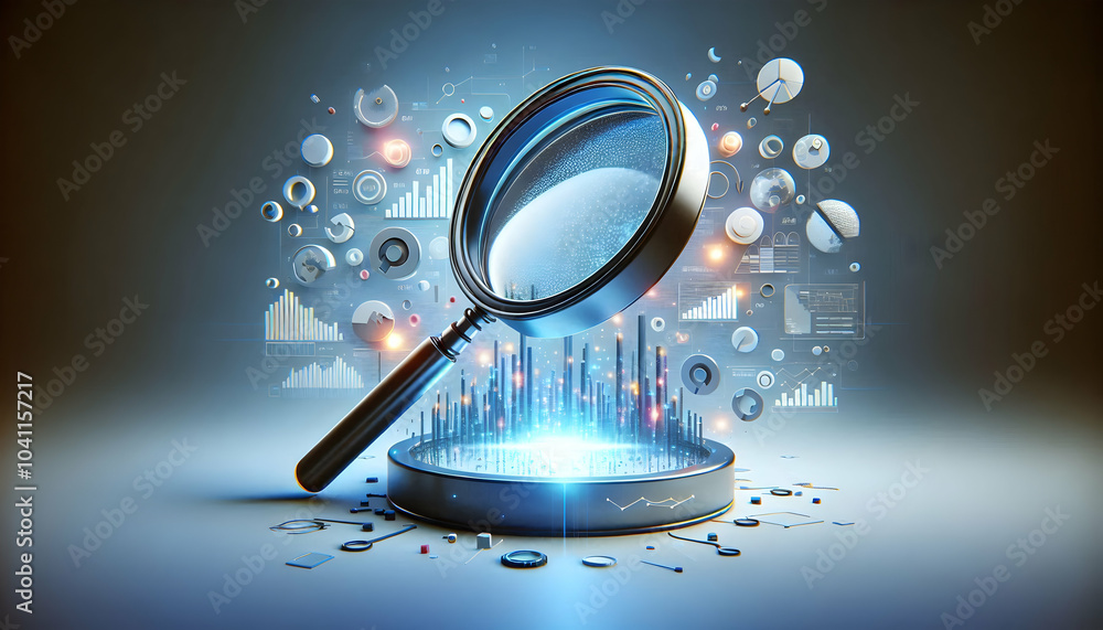 Poster 3d floating magnifying glass glowing data overlay concept mastery discovery innovation trends icon i