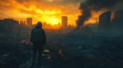 Fototapeta premium A lone figure stands amidst a desolate urban landscape at sunset.