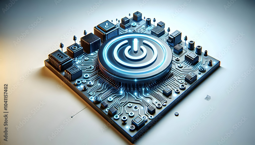 Poster 3d glowing circuit board icon with floating power button symbolizing technological innovation & ener