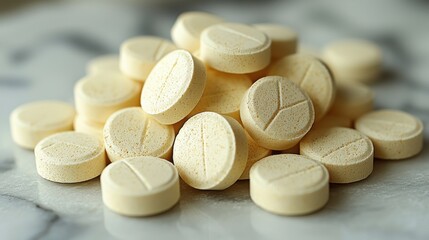 Pale yellow tablets arranged neatly on a marble surface highlighting their texture and shape in natural light