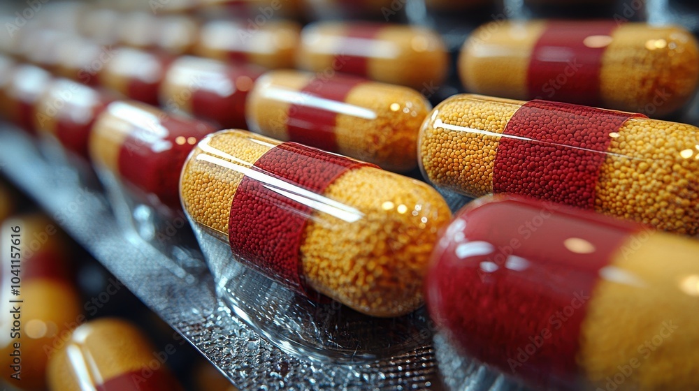 Poster colorful capsules arranged in neat rows on display in a pharmaceutical setting during the day