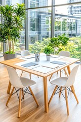 Fototapeta premium Modern office meeting room with a wooden table, white chairs, and greenery, perfect for collaboration or brainstorming sessions.